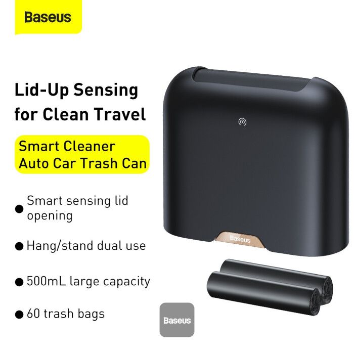Baseus Smart Cleaner Auto Car Trash Can (Free Trash Bags 2 Rolls/60 Each) Black