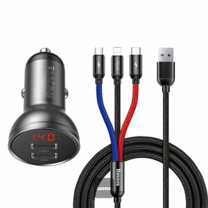 Baseus Digital Display Dual USB 4.8A Car 6 24W with Three Primary Colors 3-in-1 Cable USB 1.2M Black Suit Grey