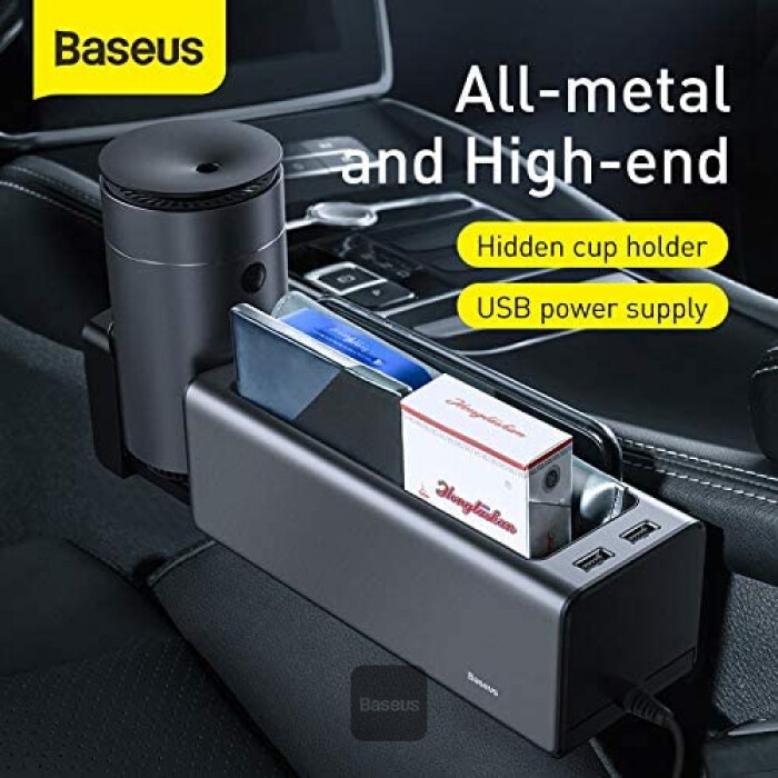 Baseus Deluxe Metall Auto-Organizer mit Becherhalter, 2x USB (schwarz)