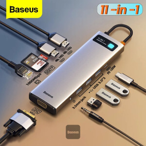 Baseus USB C Hub 11 in 1 Docking Station Adapter مع 4K HDMI لأجهزة MacBook Pro و Surface Pro و iPad Pro وأجهزة Type C الأخرى