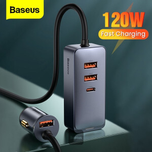 120W Multi USB Car Charger [QC3.0 & PD 3.0] 30Wx4 Ports Fast Car Charger USB C for Phones/Tablets/Switch, 5FT Cable for Back Seat Charging -CCBT (3 USB + 1 TYPE C)