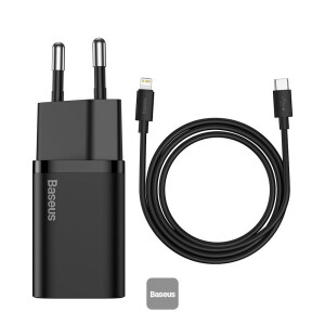 Baseus 20W PD Mini Charger Super Si Quick Type-C Charger For iPhone12 11 Xs 8 Xiaomi SE PD3.0 QC3.0 Portable Travel Fast Charger with Cable EU Black