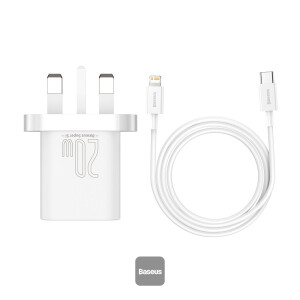 Baseus 20W PD Mini Charger Super Si 1C Wall Charger USB Type C UK and USB Type C - Lightning cable 1M White
