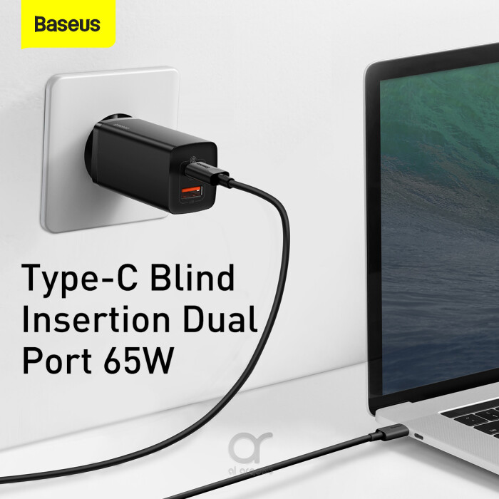 Baseus fast charger GaN 2 x USB Type C / USB 65W QC PD blue