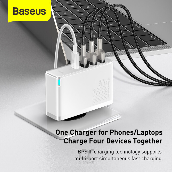 Baseus GaN2 Pro 100W 2 x USB + 2 x Type-C Ports Quick Charger with Type-C Cable, EU Plug white