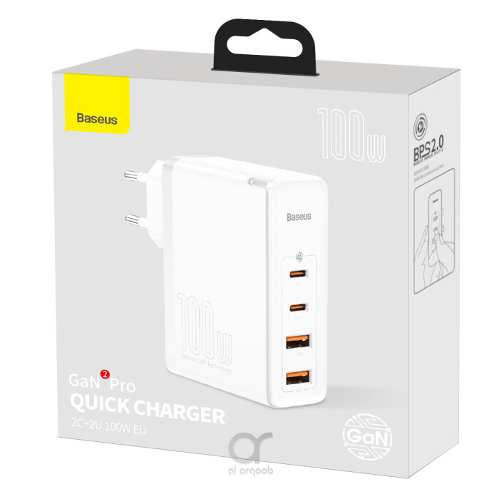 Arqoob - Baseus GaN2 Pro 100W 2 x USB + 2 x Type-C Ports Quick Charger with  Type-C Cable, EU Plug white
