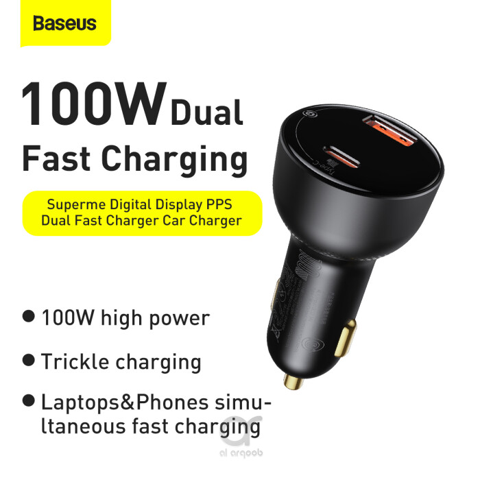 Arqoob - Baseus 100W Car Charger Dual Port USB Type C Quick Charger Digital  PPS QC PD 3.0 Laptop Phone Charger For iPhone 13 12 Xiaomi with Cable