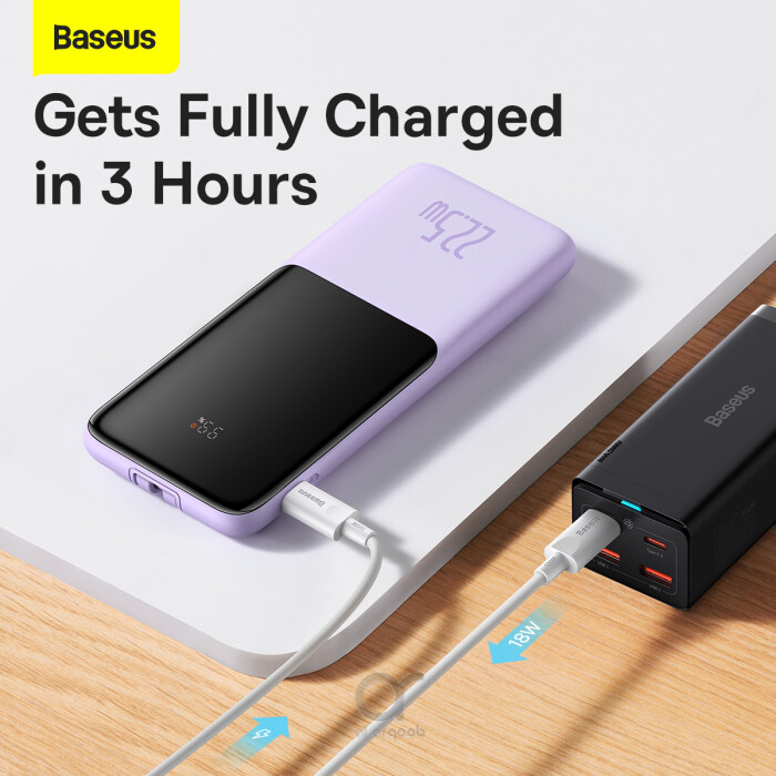 Arqoob - Baseus 22.5W 10000mAh Fast Charge Power Bank with Built-in Type C  & Lightning Cable Portable External Battery Charger 5A USB C PD 3.0