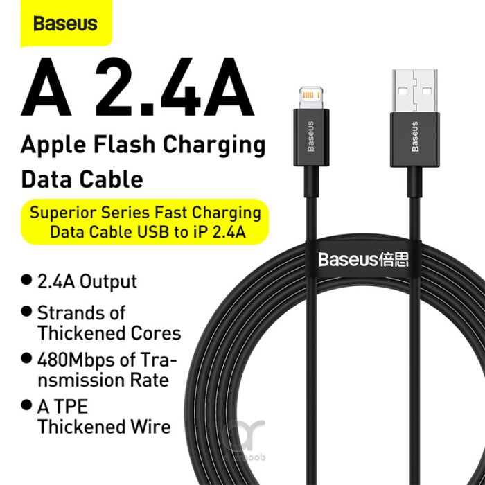 Baseus Superior Series USB to Lightning-Fast Charging Cable Data Transfer 2.4A for iPhone 13 12 11 Pro Max Mini XS X 8 7 6 5 SE iPad and More 1M Black