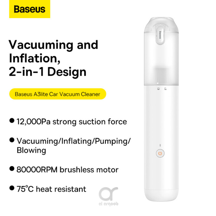Baseus A3 Lite Car Vacuum Cleaner with Mini Air Blower, Inflator & Pumping | 3 in 1, Portable Cordless, 12000Pa, Rechargeable - White