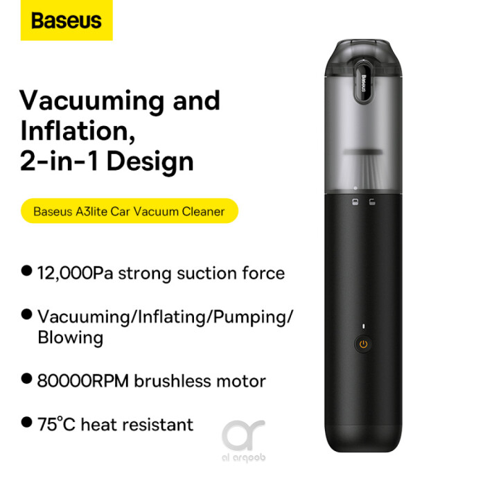 Baseus A3 Lite Car Vacuum Cleaner with Mini Air Blower, Inflator & Pumping | 3 in 1, Portable Cordless, 12000Pa, Rechargeable - BlackBaseus A3 Lite Car Vacuum Cleaner with Mini Air Blower, Inflator & Pumping | 3 in 1, Portable Cordless, 12000Pa, Rechargeable - Black
