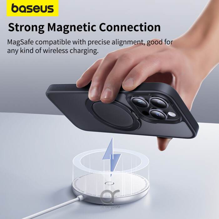 Baseus iPhone 15 Pro Max Magnetic Case with 360 Degree Rotatable Kickstand - Premium Quality, Slim Anti-Fingerprint Matte Back, Never Yellow, Hard PC/TPU Shockproof Cover - Black