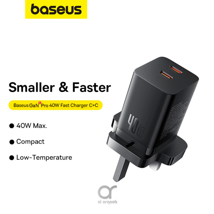 Baseus PD 40W Dual Type C Fast Charger - USB C GaN5 Pro Charging Adapter for MacBook Pro, iPhone 15/14/13, Samsung Galaxy, Pixel, iPad, AirPods, iWatch - Black