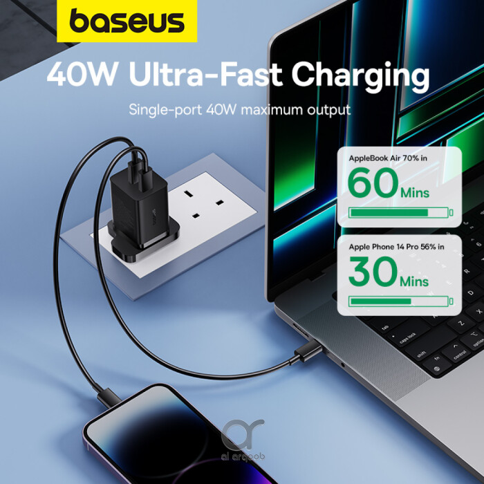 Baseus PD 40W Dual Type C Fast Charger - USB C GaN5 Pro Charging Adapter for MacBook Pro, iPhone 15/14/13, Samsung Galaxy, Pixel, iPad, AirPods, iWatch - Black
