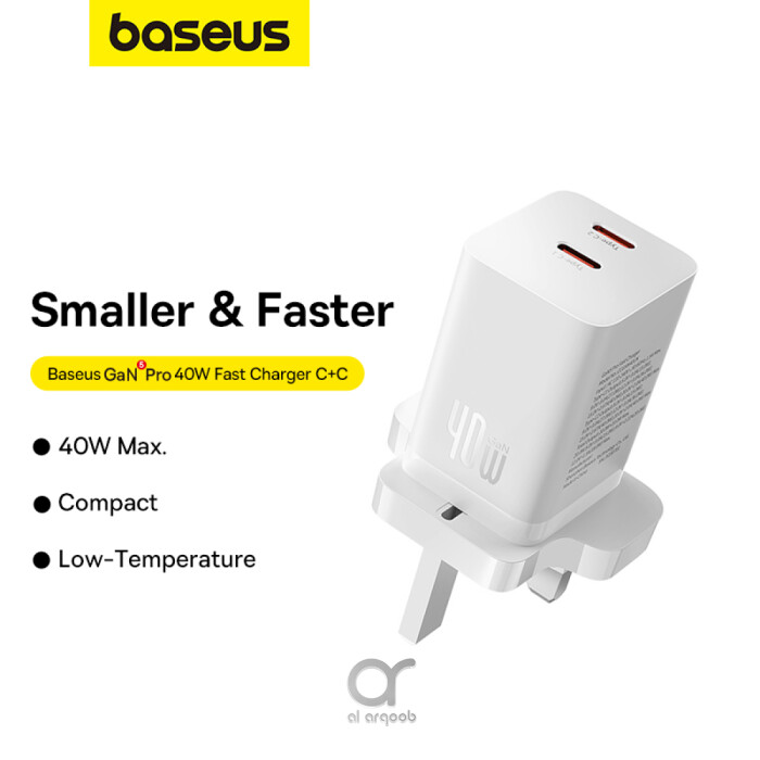 Baseus PD 40W Dual Type C Fast Charger - USB C GaN5 Pro Charging Adapter for MacBook Pro, iPhone 15/14/13, Samsung Galaxy, Pixel, iPad, AirPods, iWatch - White