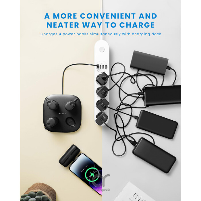 A MORE CONVENIENT AND NEATER WAY TO CHARGE Charges 4 power banks simultaneously with charging dock