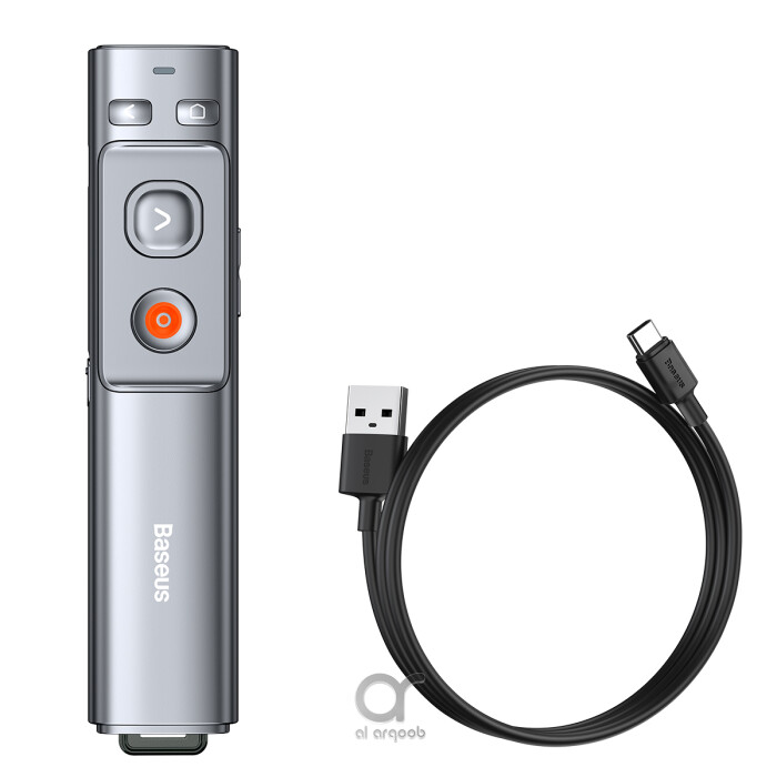 Baseus Rechargeable Wireless Presenter (Grey) with red laser, USB+Type-C support, 100m range. Ideal for educators and presenters.