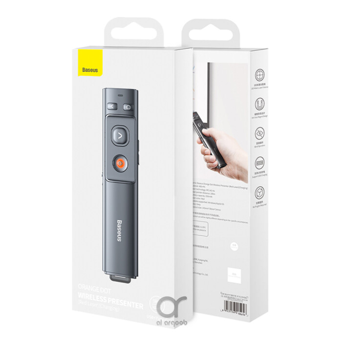 Baseus Rechargeable Wireless Presenter (Grey) with red laser, USB+Type-C support, 100m range. Ideal for educators and presenters.