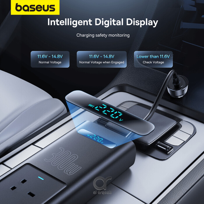 A Baseus 300W Car Power Inverter powering a laptop, phone, and mini fridge in a car 5 Ports USB-A 2 USB-C 2AC Outlets