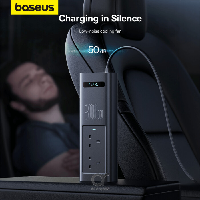 A Baseus 300W Car Power Inverter powering a laptop, phone, and mini fridge in a car 5 Ports USB-A 2 USB-C 2AC Outlets