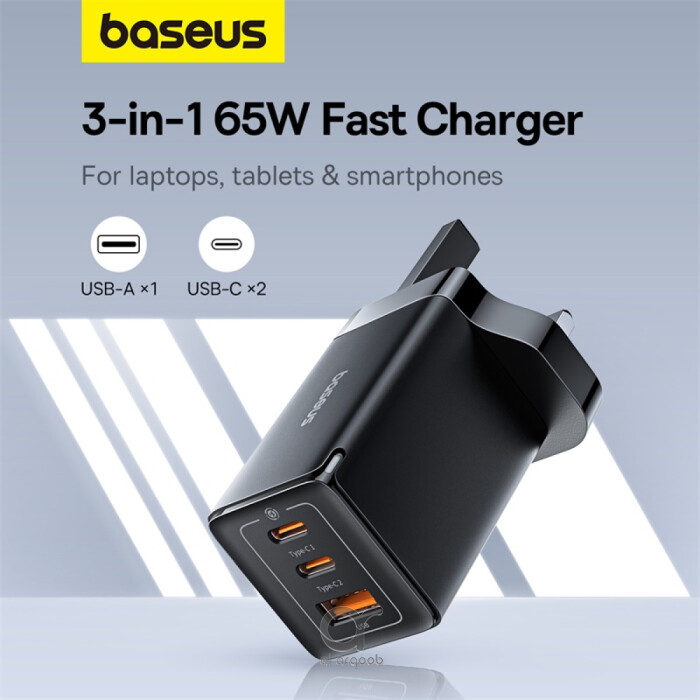 Baseus GaN5 Pro 65W 3-Port USB Quick Charger PD3.0 QC 4.0 - Black