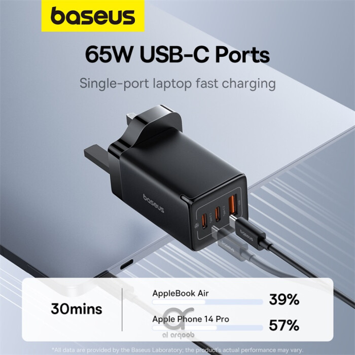 Baseus GaN5 Pro 65W 3 Port Fast Charger | 2 Type-C + USB-A, UK Plug | Compatible With Laptop, MacBook Pro/Air, iPad Pro, iPhone 15 Pro Max, Samsung S23 - Black (Include: Baseus Xiaobai Series Fast Charging Cable Type-C to Type-C 100W(20V/5A) 1M - Black)