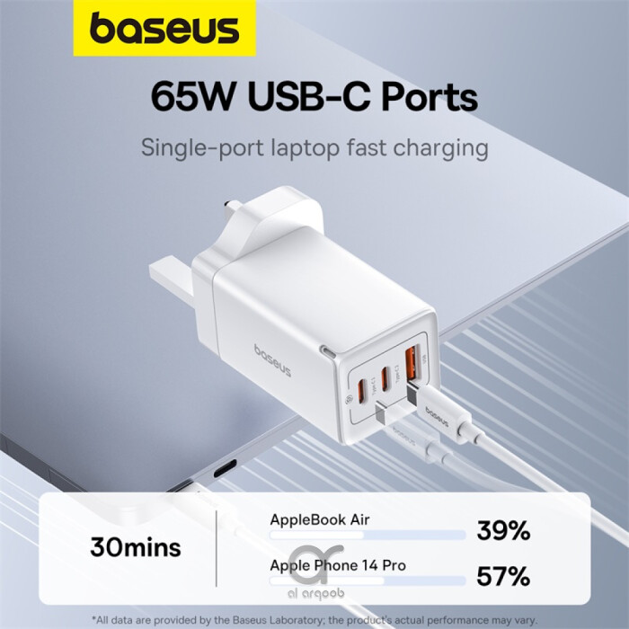 Baseus GaN5 Pro 65W 3-Port Fast Charger in White | Compatible with MacBook Pro/Air, iPad Pro, iPhone 15 Pro Max, Samsung S23 | Includes Baseus Xiaobai Series Fast Charging Cable Type-C to Type-C 100W(20V/5A) 1M - White