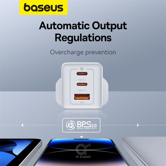 Baseus GaN5 Pro 65W Charger - 3 Ports, 2 Type-C + USB-A - White | Compatible with MacBook, iPad, iPhone 15 Pro Max, Samsung S23 | Includes Fast Charging Cable - White