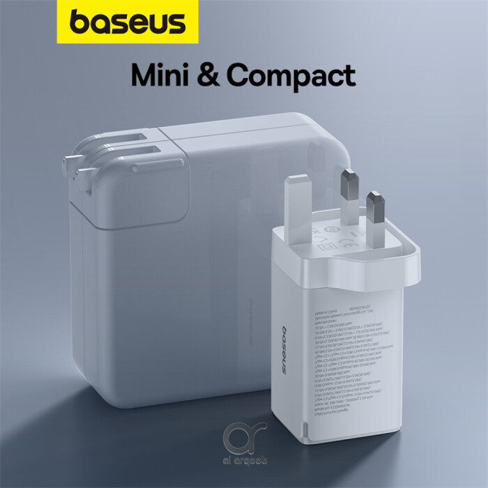Baseus GaN5 Pro 65W 3 Port Fast Charger | 2 Type-C + USB-A, UK Plug  - White