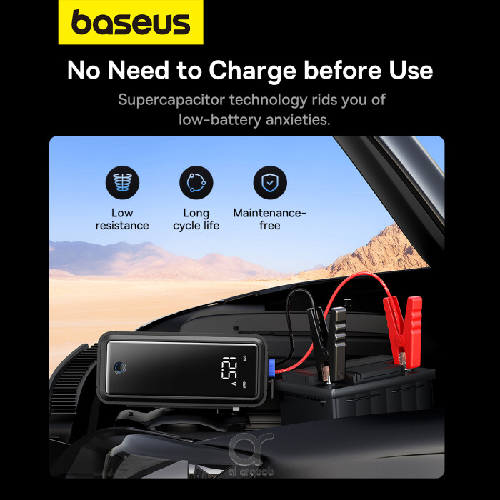 Baseus 3000A Supercapacitor Jump Starter, 500F*5 Capacity, Battery-Less Car Booster Pack, Digital Display, Jumper Cables, 10.0L Gas, 8L Diesel