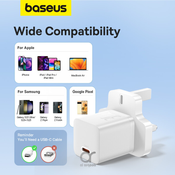 Baseus GaN5 30W Type-C Mini Fast Charger with UK Plug for Apple MacBook and iPhone, Samsung and All USB-C Smart Phones