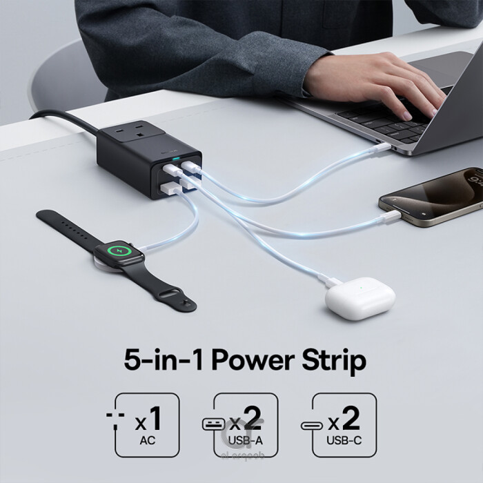 Baseus GaN5 Pro 65W Power Strip Ultimate Charging Station with 5 Ports, 1 AC Power Outlet, 2 Type-C, 2 USB-A Includes 100W Type-C Cable - Black