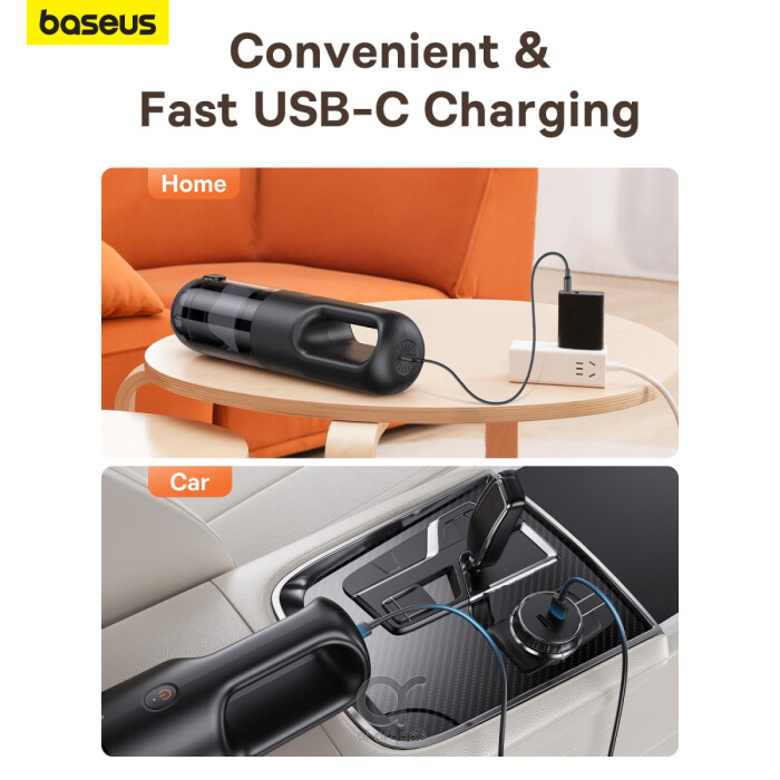 Baseus AP01 Wireless Handy Vacuum Cleaner in use, showcasing its compact design and powerful suction capabilities for both home and car cleaning