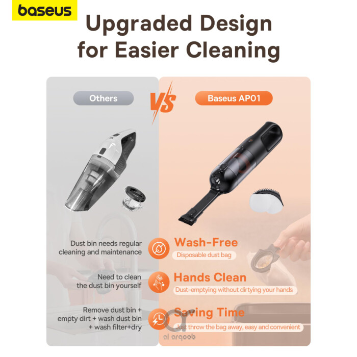 Baseus AP01 Wireless Handy Vacuum Cleaner in use, showcasing its compact design and powerful suction capabilities for both home and car cleaning