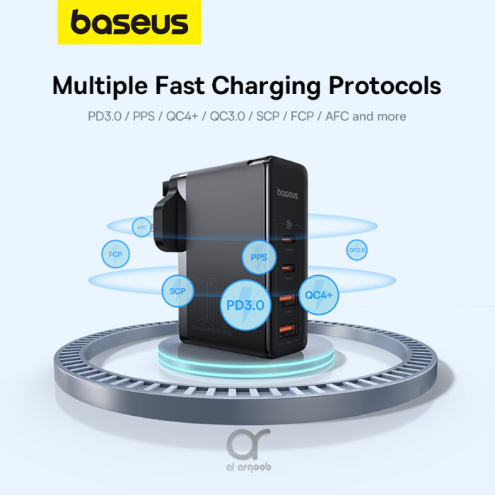 Baseus GaN5 Pro 100W 4 Port Fast Charger  2 Type-C + 2 USB-A, UK Plug with 100W Fast Charging Data Cable Type-C (20V5A) 1M