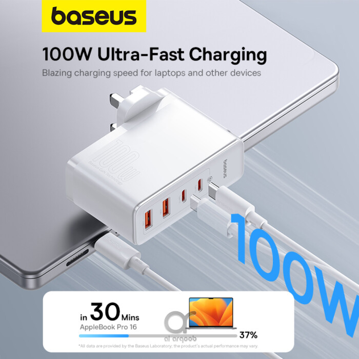 Baseus GaN5 Pro 100W 4 Port Fast Charger | 2 Type-C + 2 USB-A, UK Plug with 100W Fast Charging Data Cable Type-C (20V/5A) 1M 