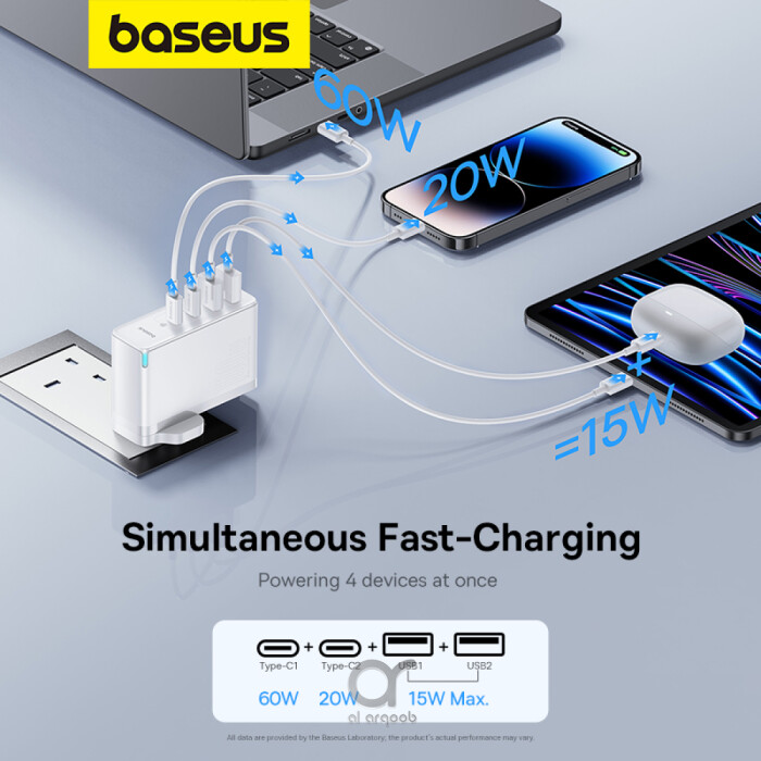 Baseus GaN5 Pro 100W 4 Port Fast Charger | 2 Type-C + 2 USB-A, UK Plug with 100W Fast Charging Data Cable Type-C (20V/5A) 1M 