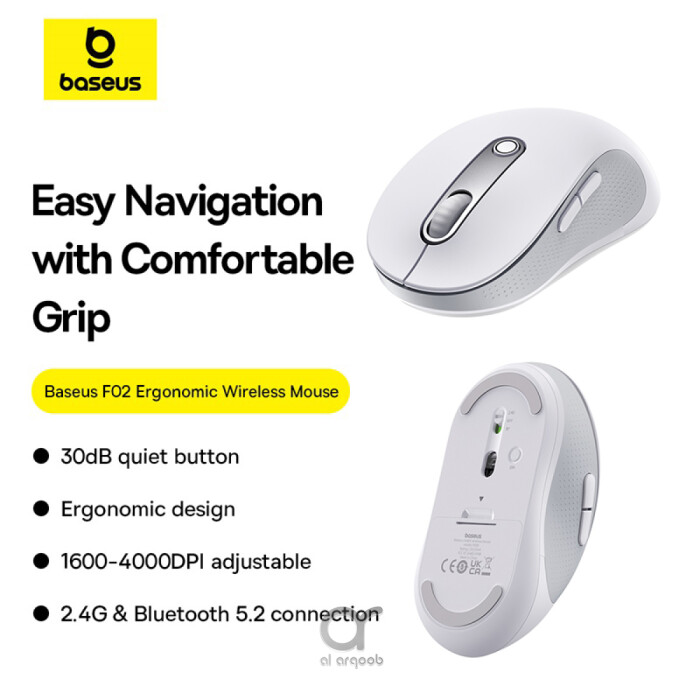 Baseus F02 Ergonomic Dual-Mode Wireless Mouse | Bluetooth 5.2 and 2.4Ghz Connectivity, Silent Buttons, 5 DPI ModesBaseus F02 Ergonomic Dual-Mode Wireless Mouse | Bluetooth 5.2 and 2.4Ghz Connectivity, Silent Buttons, 5 DPI Modes