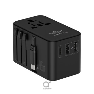 Brave Universal Travel Adapter, GaN3 Fast Charger 45W with Type-C Retractable Cable & 2 USB-A + 1 Type-C Port, 2500W Max, BTC-34 - Black