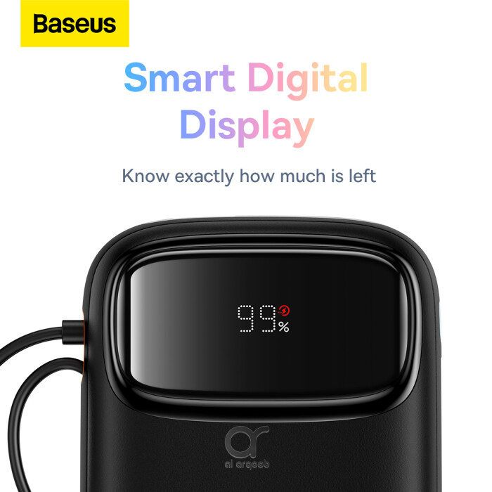 Baseus QPow2 20000mAh Digital Display Fast Charge Power Bank 22.5W With Built-in Dual-Cable Lightning And Type-C - Black