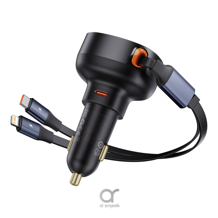 Baseus Car Charger Type-C Port + Type-C & Lightning Retractable Cable 60W Enjoyment Pro Series - Black