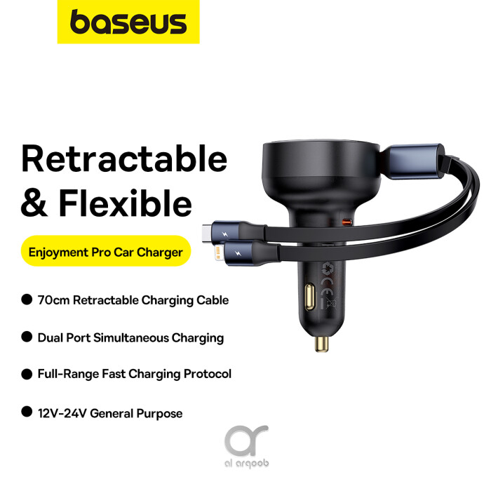 Baseus Car Charger Type-C Port + Type-C & Lightning Retractable Cable 60W Enjoyment Pro Series - Black