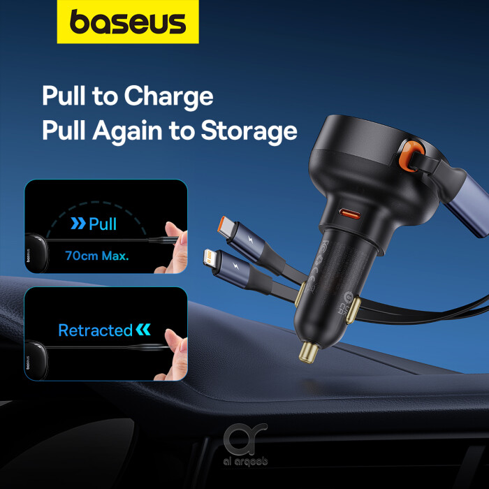 Baseus Car Charger Type-C Port + Type-C & Lightning Retractable Cable 60W Enjoyment Pro Series - Black