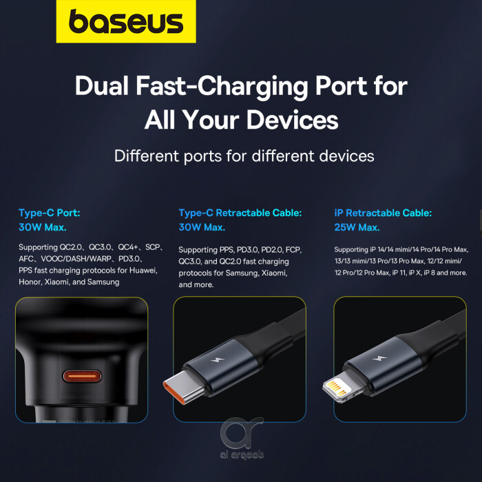 Baseus Car Charger Type-C Port + Type-C & Lightning Retractable Cable 60W Enjoyment Pro Series - Black