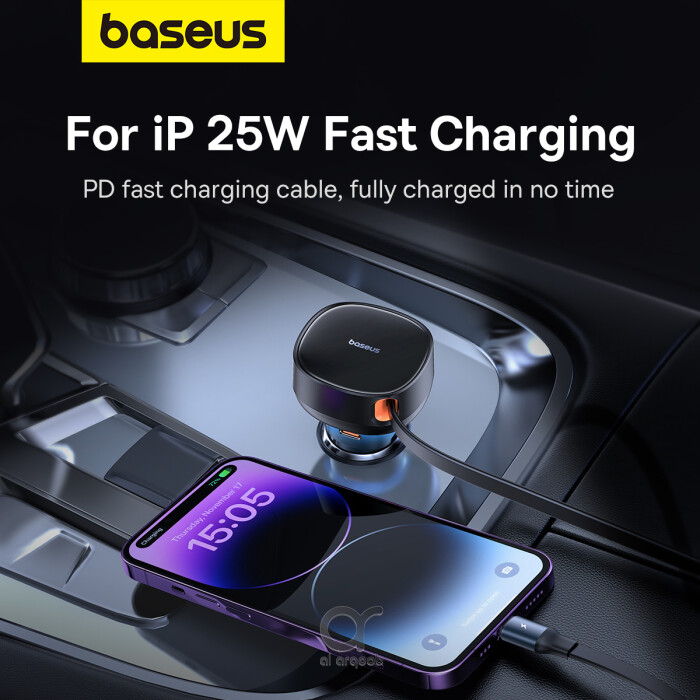 Baseus Car Charger Type-C Port + Type-C & Lightning Retractable Cable 60W Enjoyment Pro Series - Black