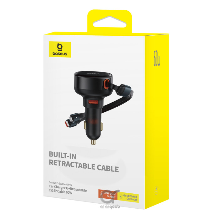 Baseus Car Charger USB-A Port + Type-C & Lightning Retractable Cable 60W Enjoyment Pro Series - Black