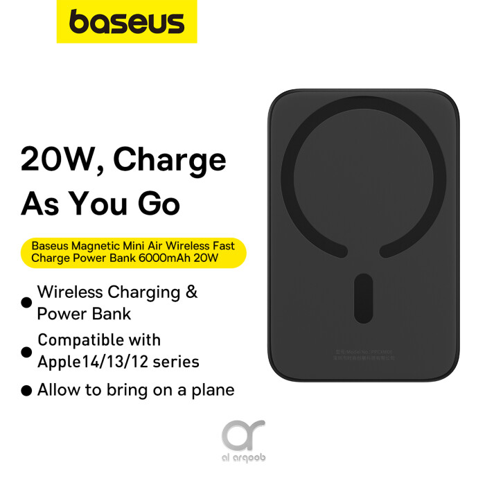 Baseus 6000mAh Magnetic Mini Air 15W Wireless Power Bank With PD 20W Type-C Port - Black