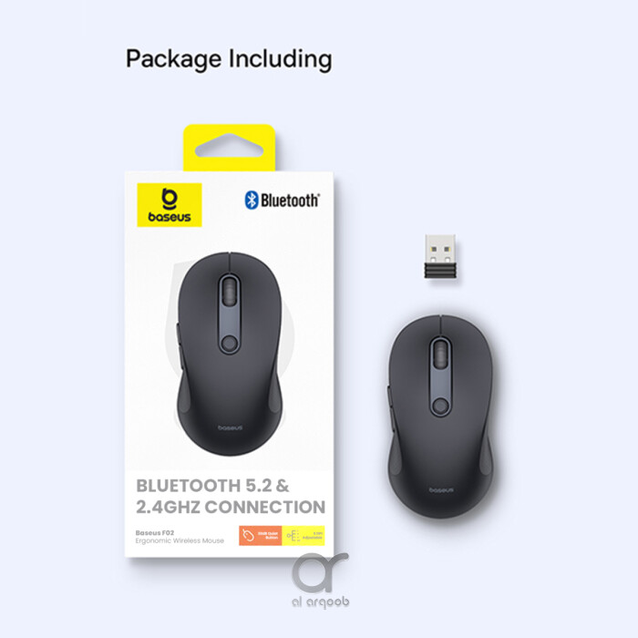 Baseus F02 Ergonomic Dual-Mode Wireless Mouse | Bluetooth 5.2 and 2.4Ghz Connectivity, Silent Buttons, 5 DPI Modes - With Battery - Black