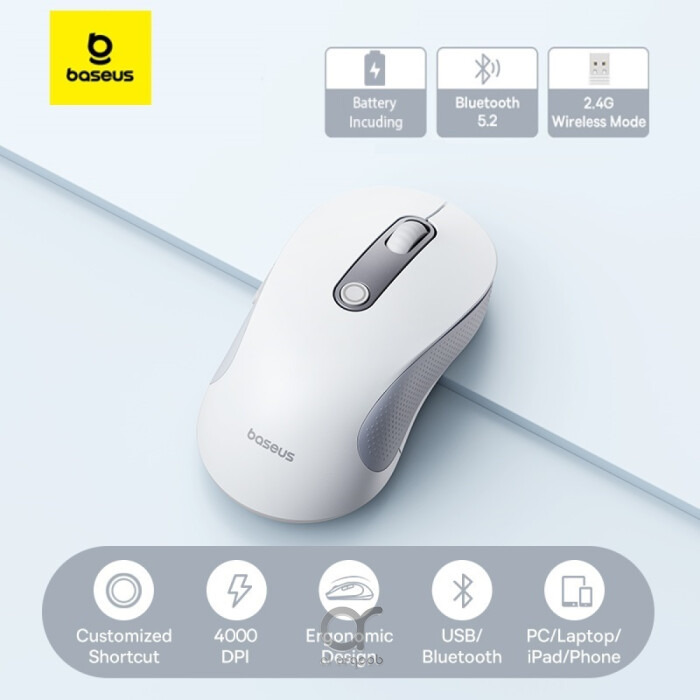 Baseus F02 Ergonomic Dual-Mode Wireless Mouse | Bluetooth 5.2 and 2.4Ghz Connectivity, Silent Buttons, 5 DPI Modes - With Battery - WhiteBaseus F02 Ergonomic Dual-Mode Wireless Mouse | Bluetooth 5.2 and 2.4Ghz Connectivity, Silent Buttons, 5 DPI Modes - With Battery - White