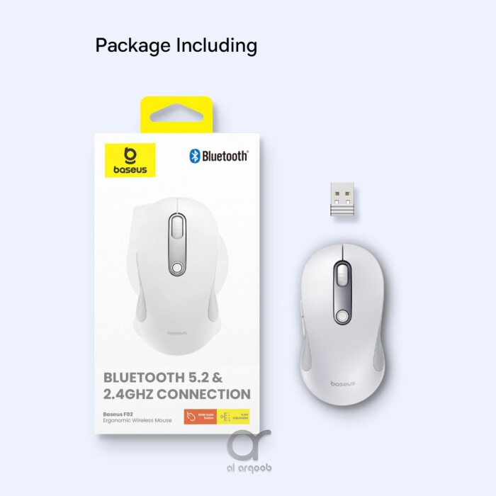 Baseus F02 Ergonomic Dual-Mode Wireless Mouse | Bluetooth 5.2 and 2.4Ghz Connectivity, Silent Buttons, 5 DPI Modes - With Battery - White